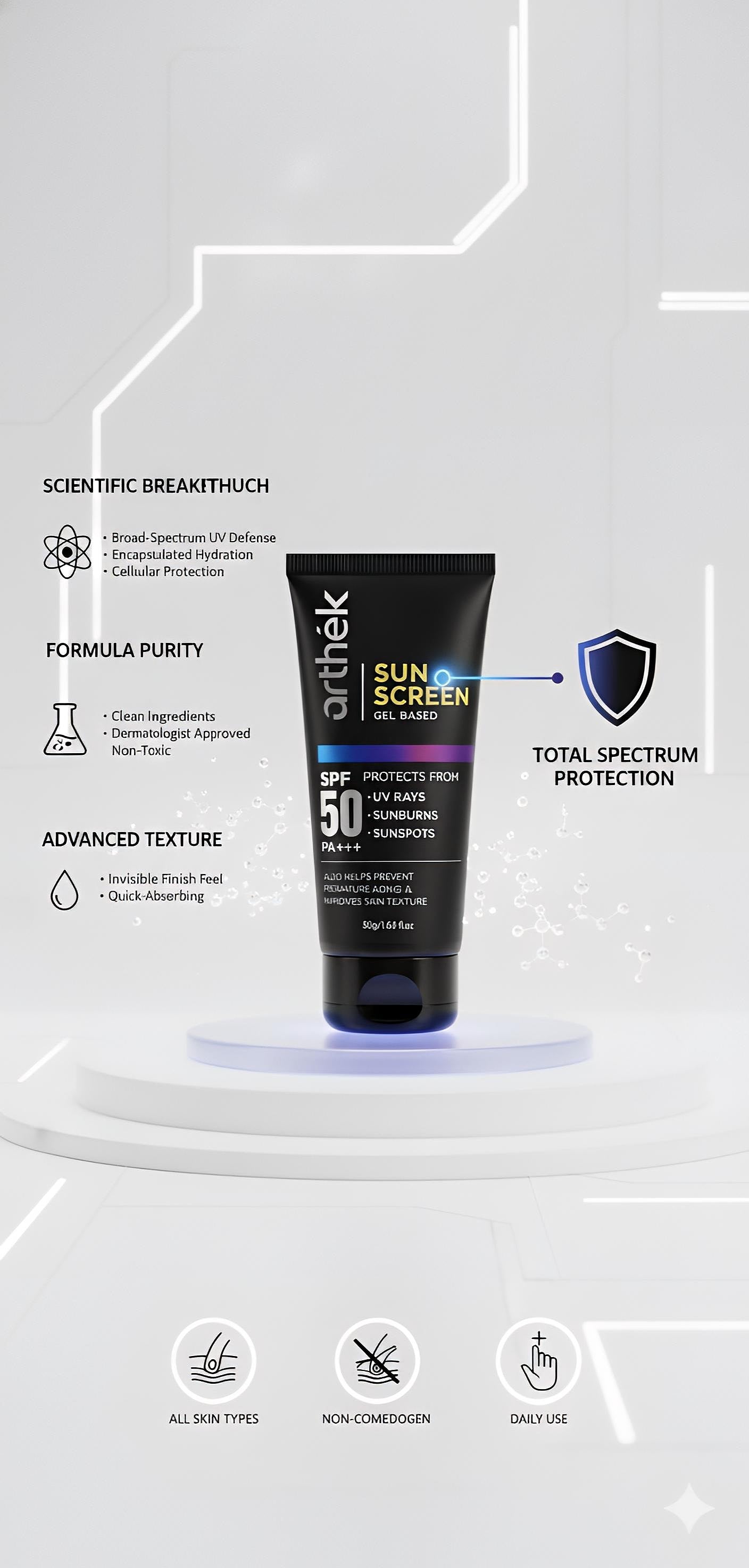 Arthek Ultra-Light Sunscreen Gel SPF 50 | PA++++ | No White Cast | Oil-Free Sun Protection