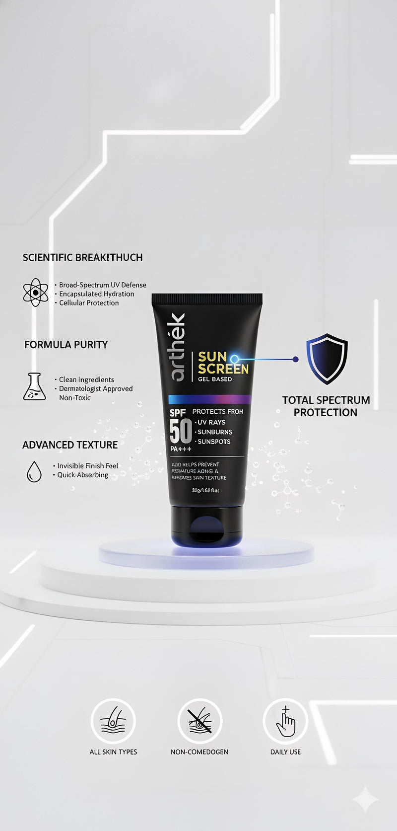 Arthek Ultra-Light Sunscreen Gel SPF 50 | PA++++ | No White Cast | Oil-Free Sun Protection