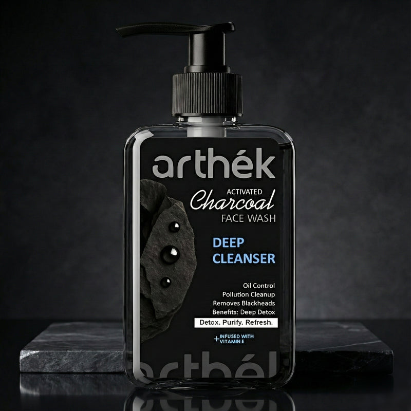 Arthék Activated Charcoal Face Wash for Men & Women | Deep Pore Cleansing & Oil Control | Removes Blackheads, Dirt & Pollution | Infused with Vitamin E | Paraben Free - 250ml