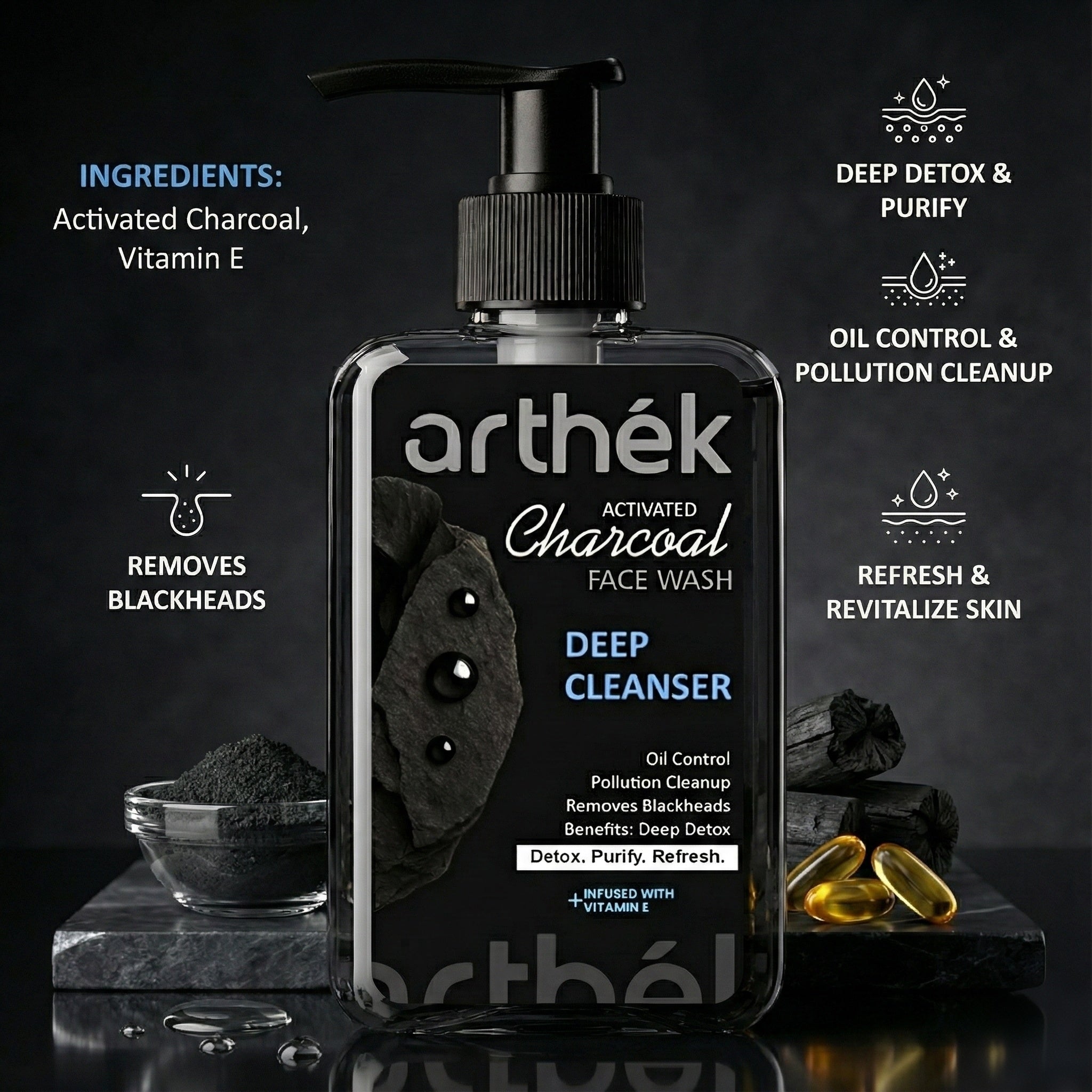Arthék Activated Charcoal Face Wash for Men & Women | Deep Pore Cleansing & Oil Control | Removes Blackheads, Dirt & Pollution | Infused with Vitamin E | Paraben Free - 250ml