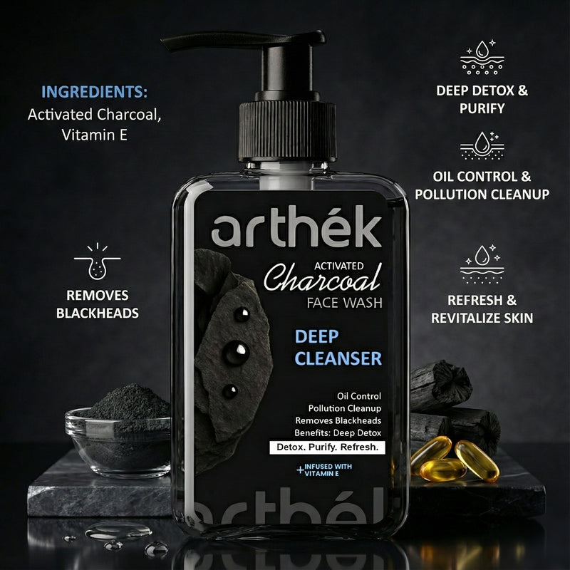 Arthék Activated Charcoal Face Wash for Men & Women | Deep Pore Cleansing & Oil Control | Removes Blackheads, Dirt & Pollution | Infused with Vitamin E | Paraben Free - 250ml
