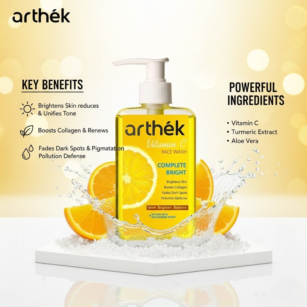 Arthék Vitamin C Face Wash for Brightening & Anti-Pigmentation | Fades Dark Spots, Boosts Collagen & Pollution Defense | With Turmeric & Aloe Vera | For All Skin Types 250ml