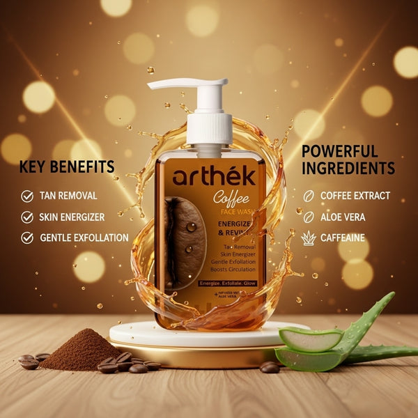 Arthek Coffee Face Wash for Tan Removal, Skin Energizer & Gentle Exfoliation | Revives Dull Skin, Boosts Circulation & Enhances Glow | Infused with Aloe Vera - 250ml