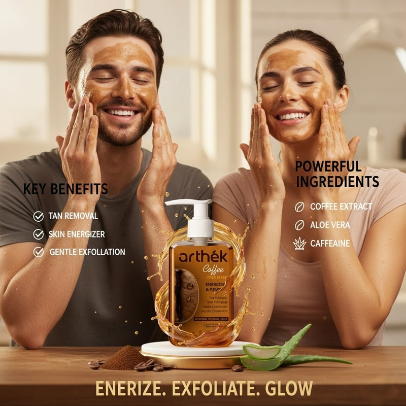 Arthek Coffee Face Wash for Tan Removal, Skin Energizer & Gentle Exfoliation | Revives Dull Skin, Boosts Circulation & Enhances Glow | Infused with Aloe Vera - 250ml